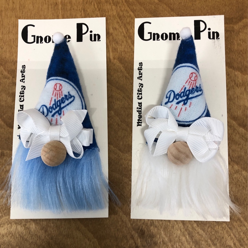 LA Dodgers Gnome Pin Brooch MLB Gift Guide Handmade Bow Baseball Magnetic